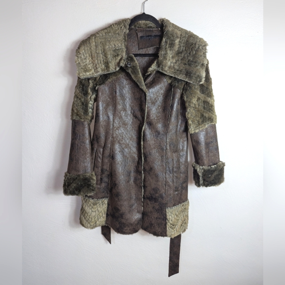 M Kenneth Cole Faux Faur Crinkled Faux Suede Coat